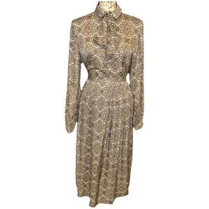 Vintage 1980s Carlisle Silk Satin Cream Blouse Skirt Set Bow Tie Geometric Print